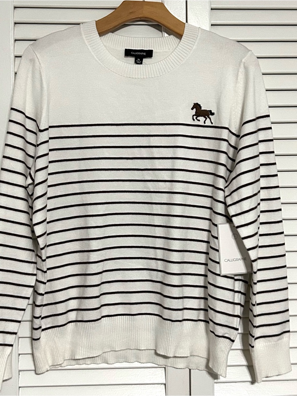 Anthropologie  novelty horse striped cream sweater quiet luxury equestrian sz XL